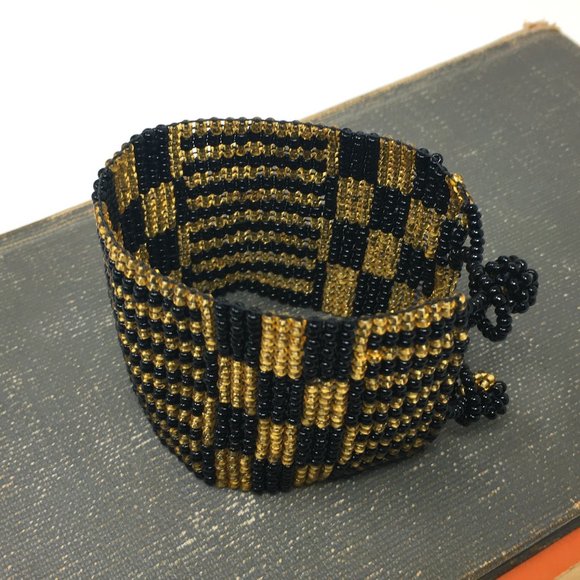 Art Deco Inspired Gold Black Wide Loom Woven Seed Bead Cuff Bracelet - Picture 11 of 16